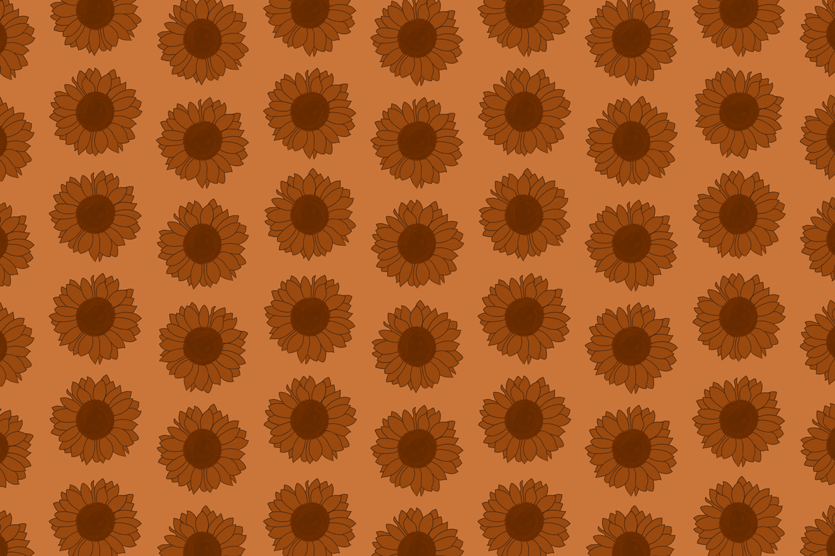 A repeating pattern of digitally drawn sunflowers against a yellow background.